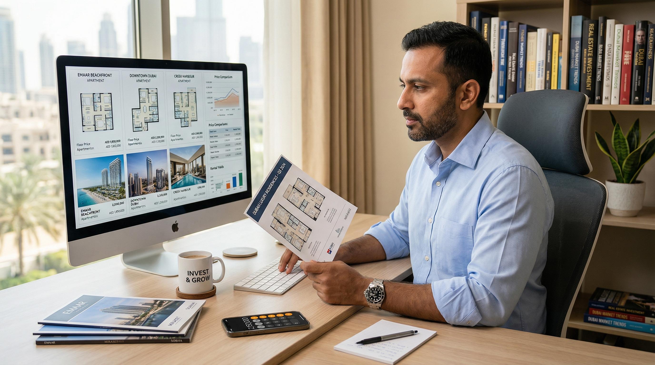 Professional investor researching affordable Dubai property options on computer analyzing prices and rental yields before making an investment decision