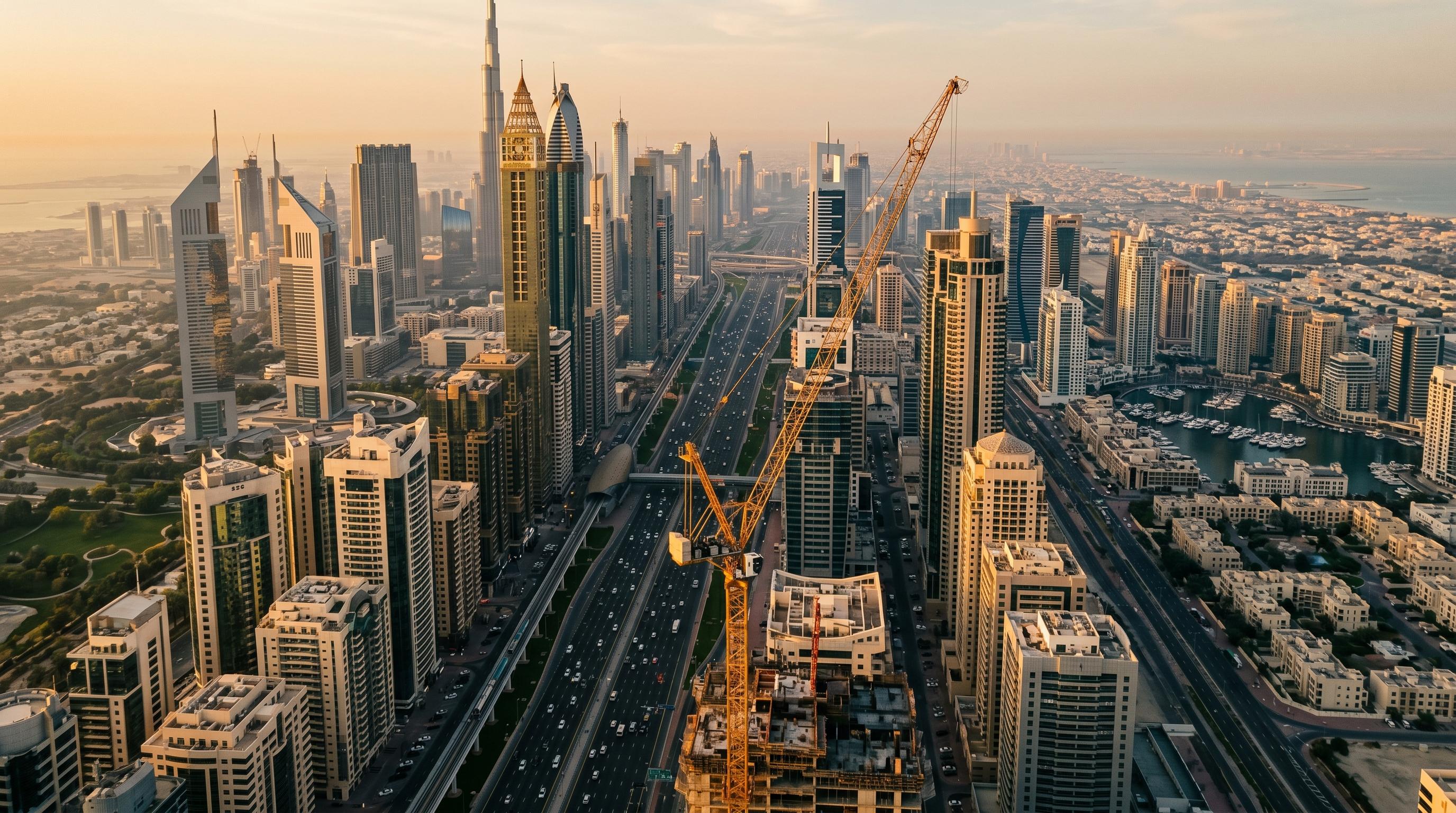 Dubai skyline April 2026 showing active construction and off-plan development corridor along Sheikh Zayed Road
