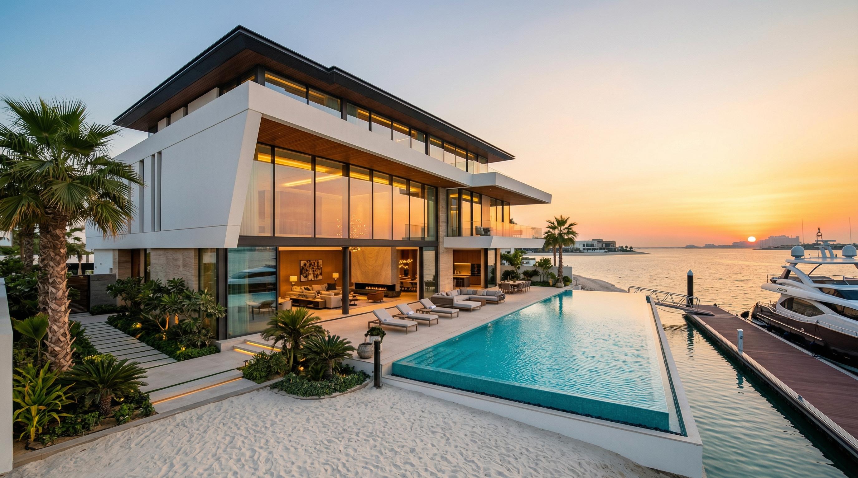 Luxury beachfront villa on Palm Jebel Ali Dubai designed by SAOTA featuring private infinity pool yacht dock and panoramic Arabian Gulf views