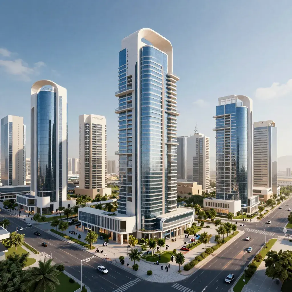 A futuristic and innovative real estate landscape in the UAE, showcasing sustainable development, strategic collaborations, and community growth, reflecting trust and integrity.