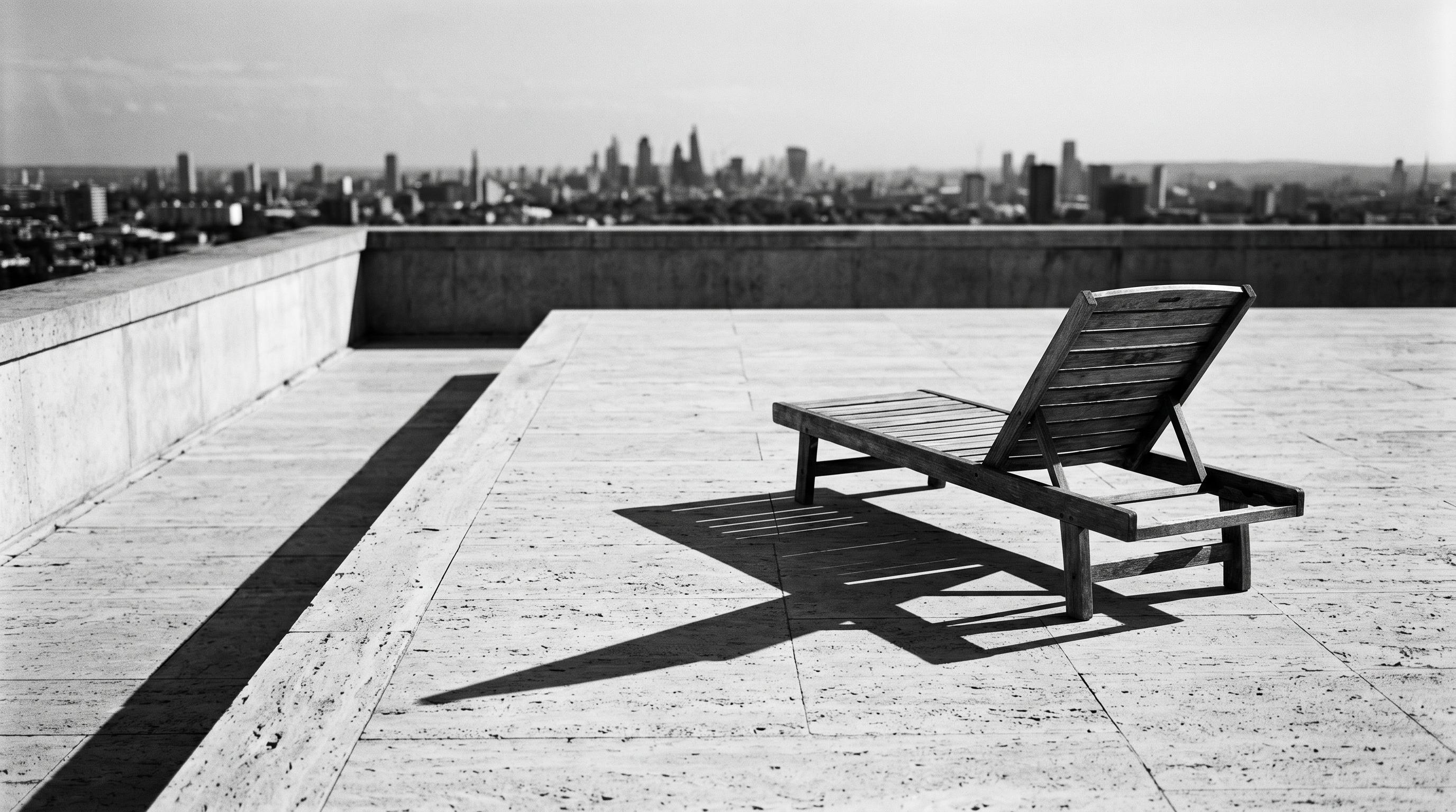Black-and-white photograph of single empty lounge chair on Dubai stone terrace casting long shadow in summer light, representing the quiet but strategic June property market window in Dubai 2026