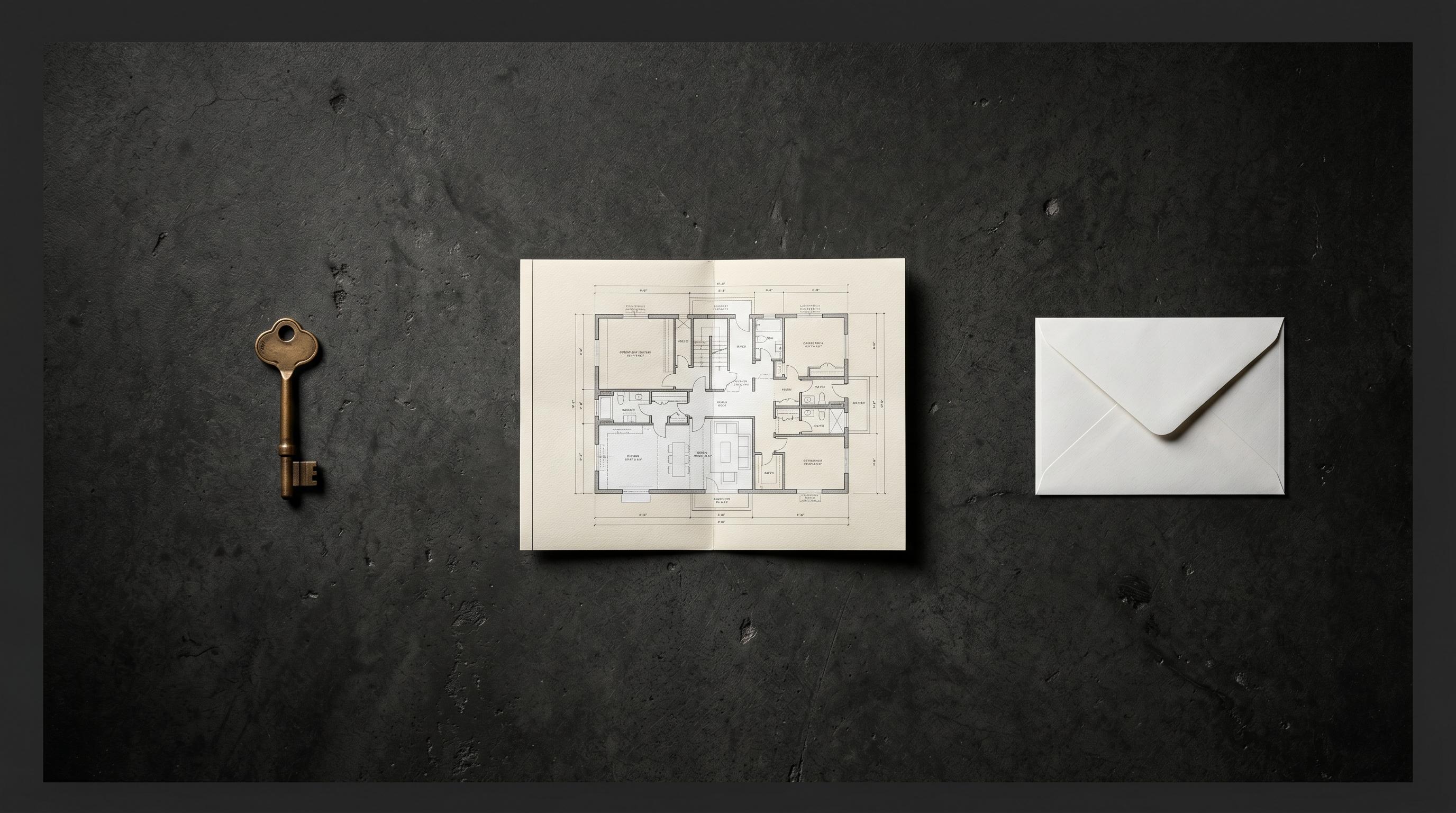 Editorial overhead flat-lay of brass key, architectural blueprint, and white envelope on dark concrete surface, symbolizing the segmented decisions facing Dubai property investors in June 2026