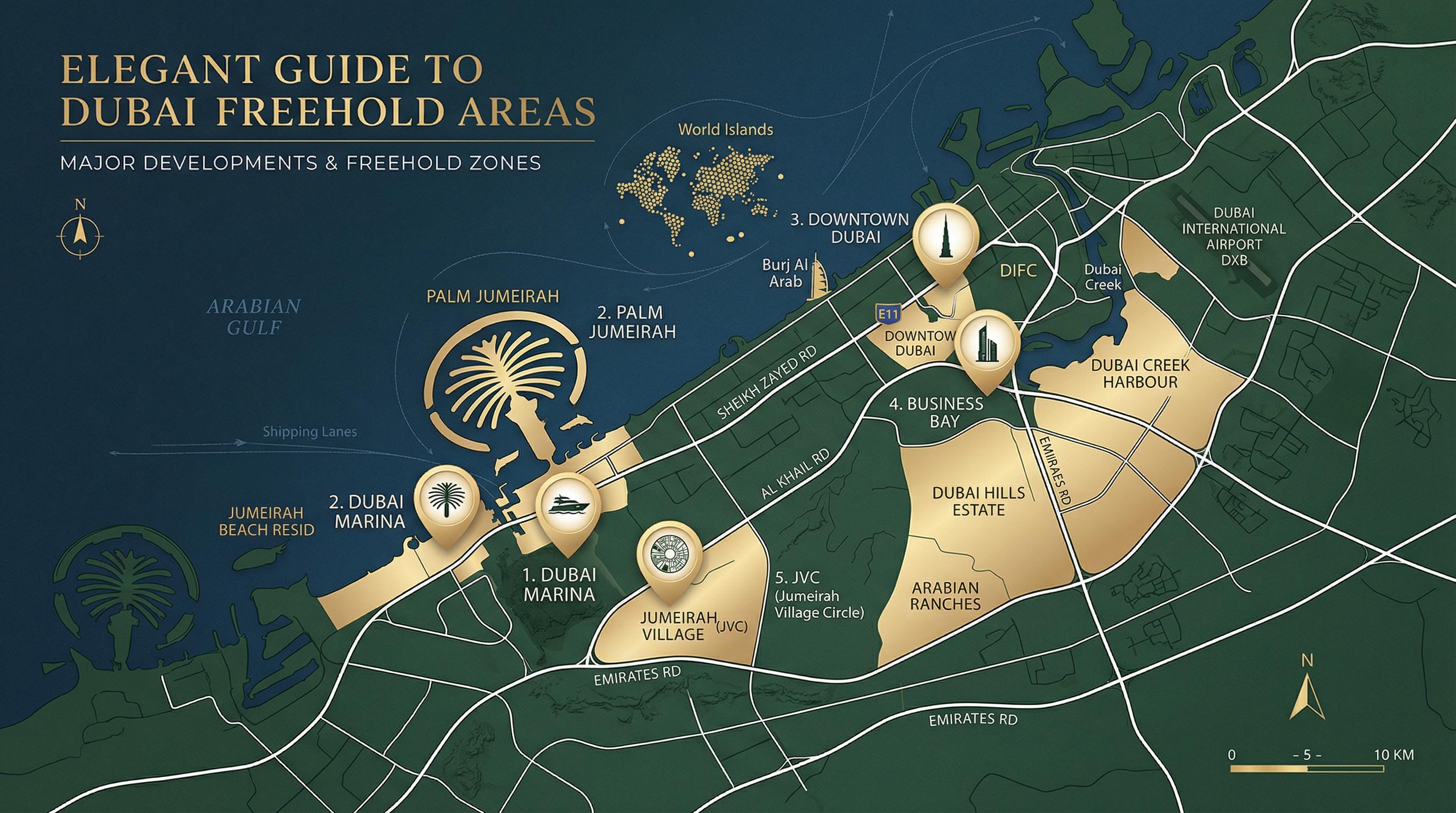 Dubai freehold zones map for foreign property buyers